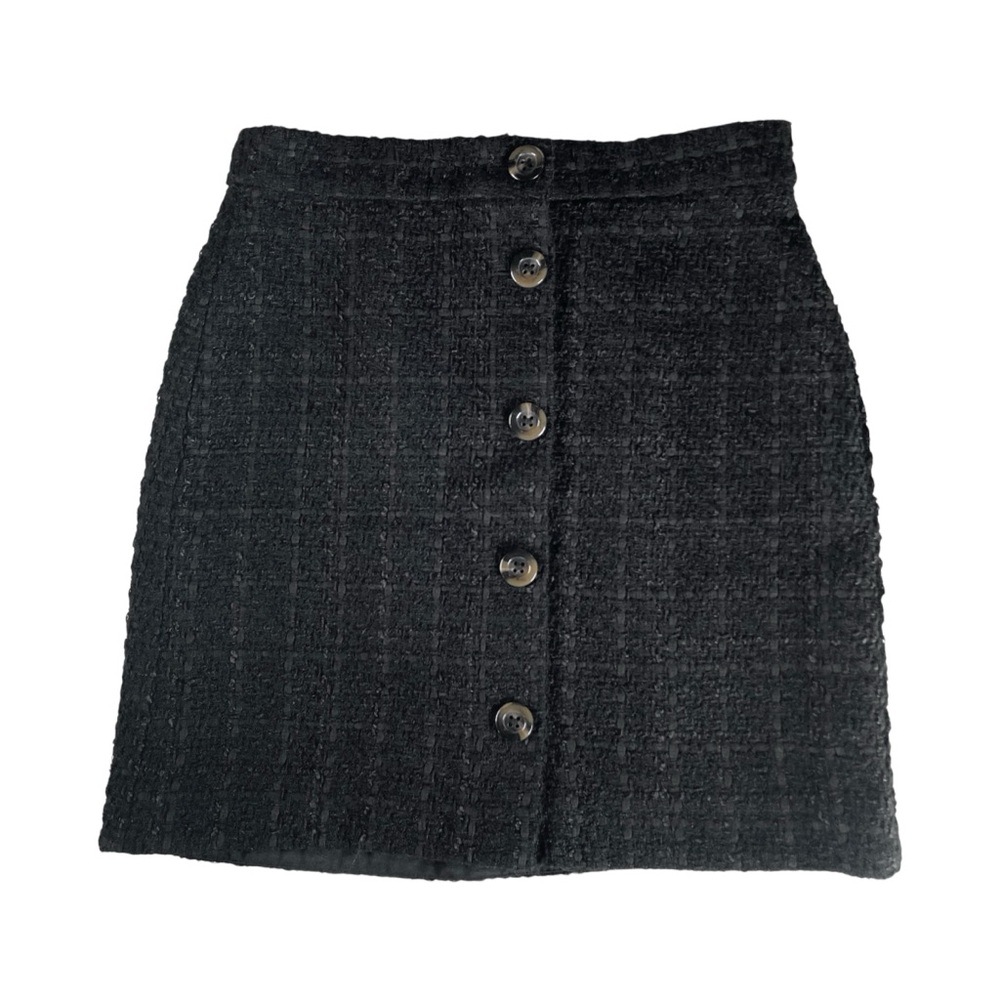 Ann Taylor Wool Blend Skirt Women’s Sz 0 Petite Black Tweed Buttoned Mini Pencil